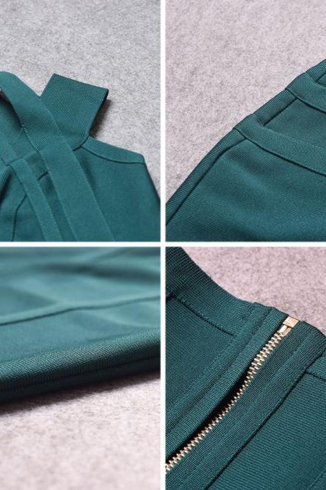 Woman wearing a figure flattering Sia Bandage Dress - Emerald Green Bodycon Collection