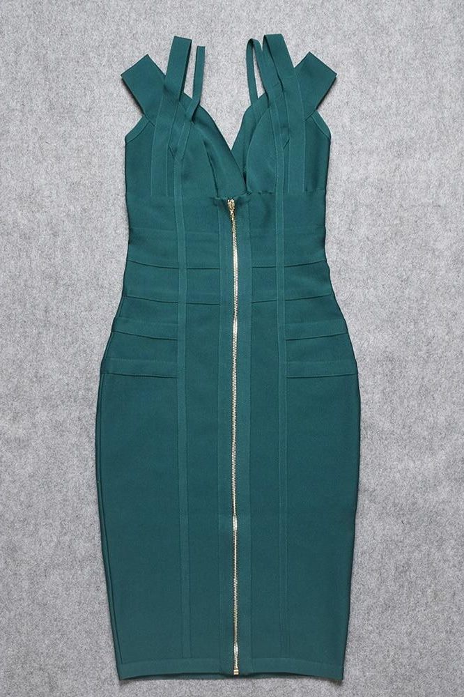 Woman wearing a figure flattering Sia Bandage Dress - Emerald Green Bodycon Collection