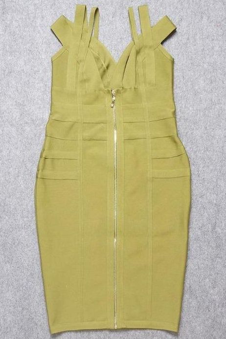 Woman wearing a figure flattering Sia Bandage Dress - Olive Green Bodycon Collection