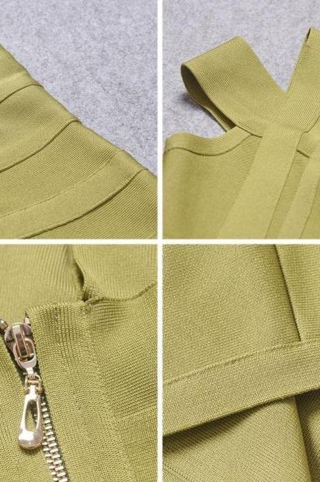 Woman wearing a figure flattering Sia Bandage Dress - Olive Green Bodycon Collection