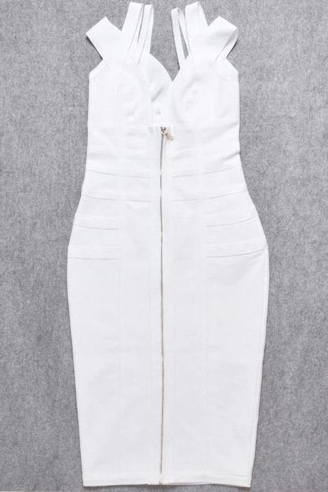 Woman wearing a figure flattering Sia Bandage Dress - Pearl White Bodycon Collection