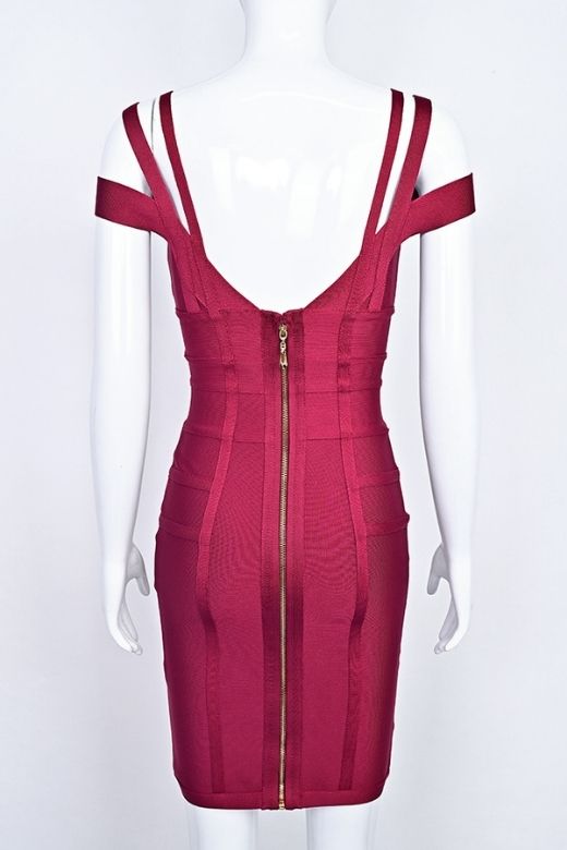 Woman wearing a figure flattering Sia Bandage Dress - Red Wine Bodycon Collection
