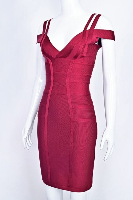 Woman wearing a figure flattering Sia Bandage Dress - Red Wine Bodycon Collection