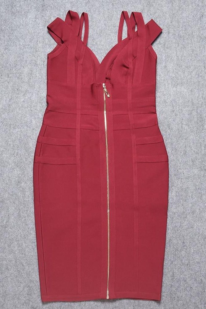 Woman wearing a figure flattering Sia Bandage Dress - Red Wine Bodycon Collection