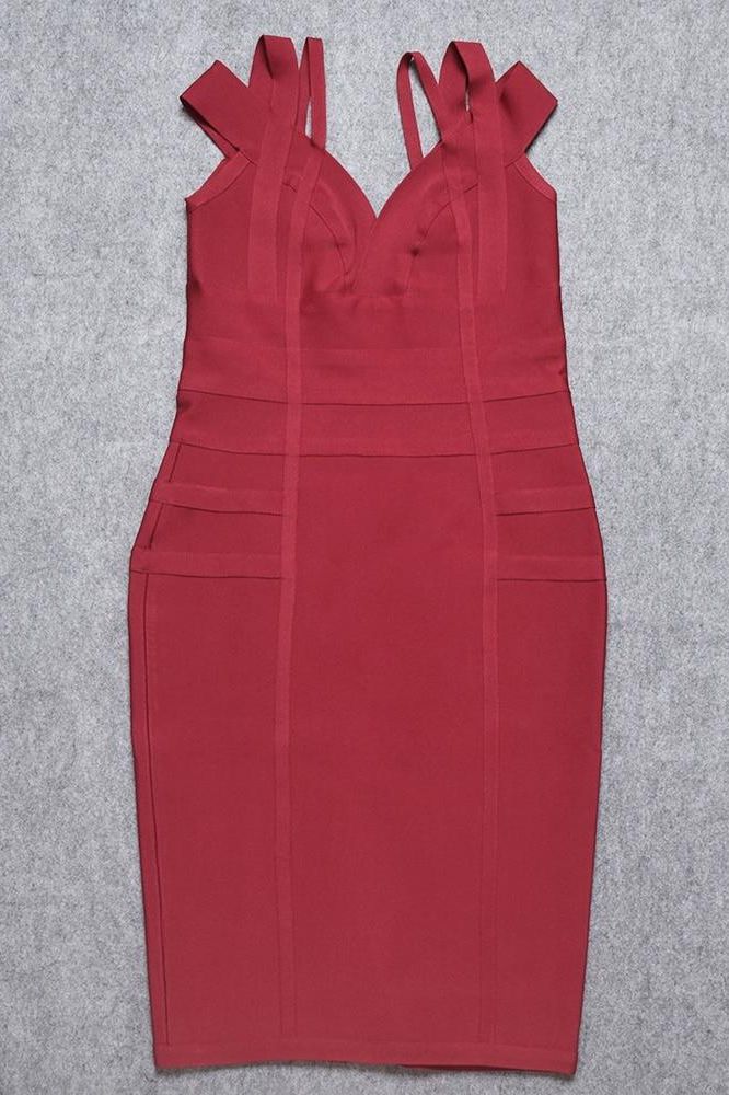 Woman wearing a figure flattering Sia Bandage Dress - Red Wine Bodycon Collection
