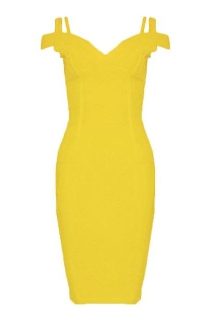 Woman wearing a figure flattering  Sia Bandage Dress - Sun Yellow Bodycon Collection
