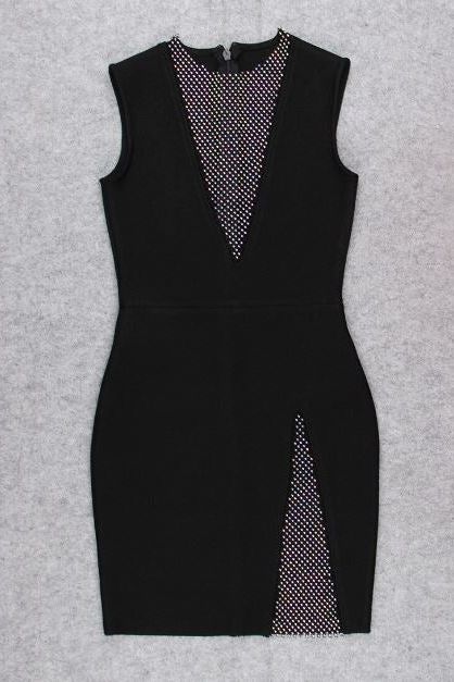 Woman wearing a figure flattering Sofie Bodycon Mini Dress - Classic Black BODYCON COLLECTION
