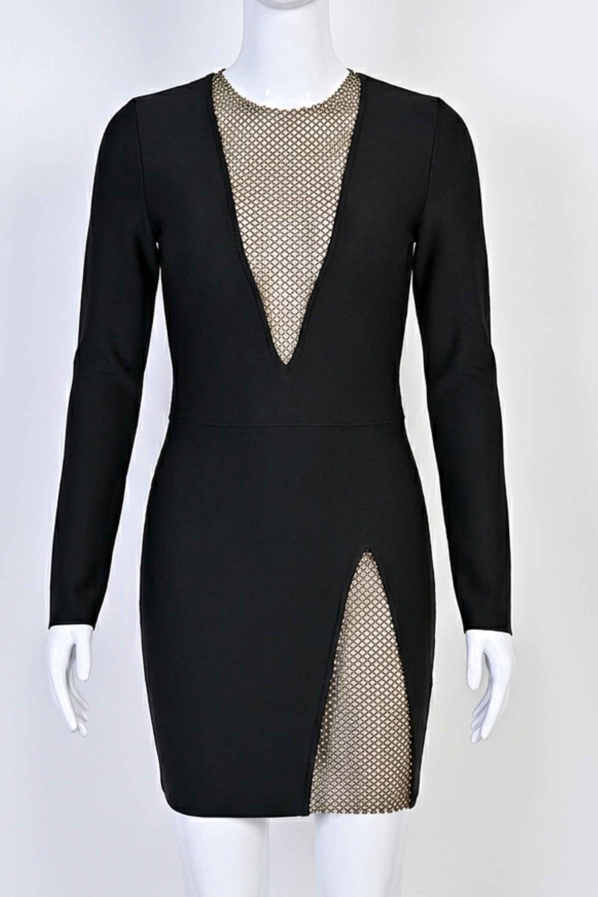 Woman wearing a figure flattering Sofie Long Sleeve Bodycon Mini Dress - Classic Black BODYCON COLLECTION