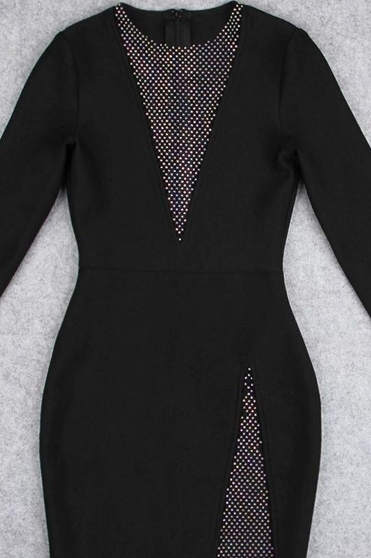 Woman wearing a figure flattering Sofie Long Sleeve Bodycon Mini Dress - Classic Black BODYCON COLLECTION