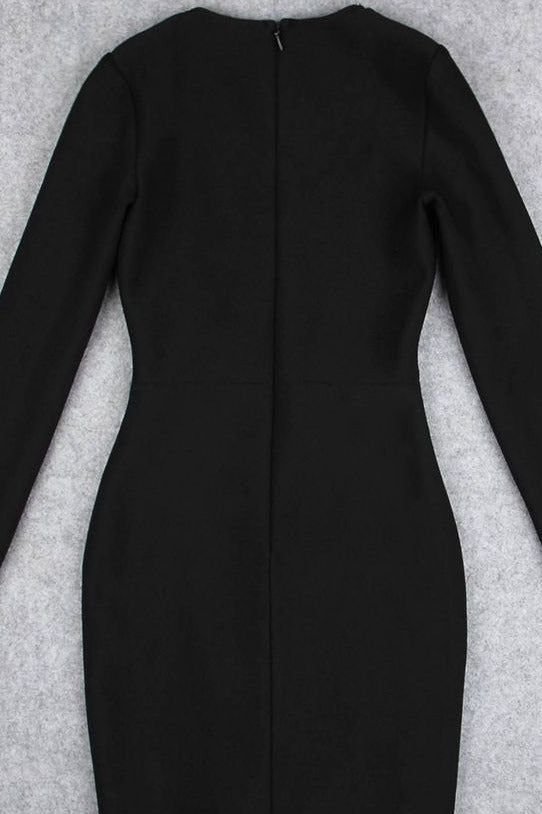Woman wearing a figure flattering Sofie Long Sleeve Bodycon Mini Dress - Classic Black BODYCON COLLECTION