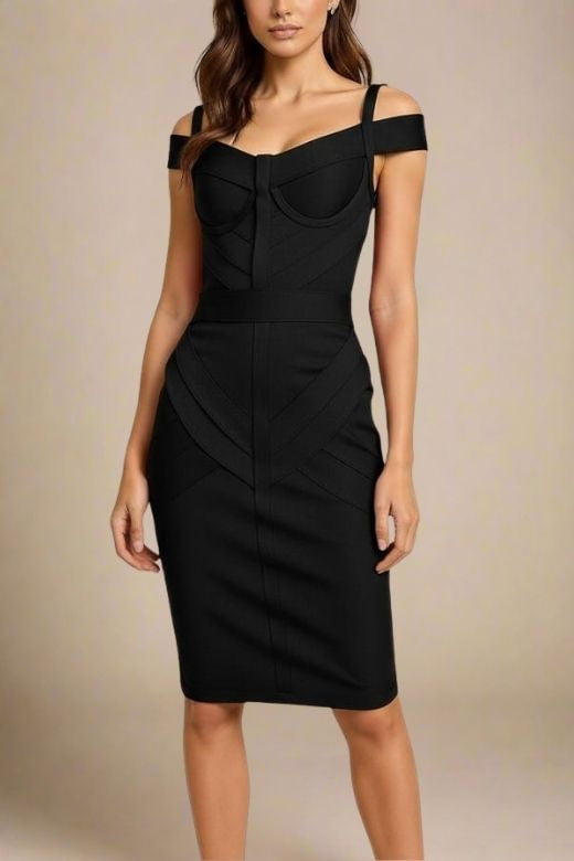 Woman wearing a figure flattering Sophia Bandage Dress - Classic Black Bodycon Collection