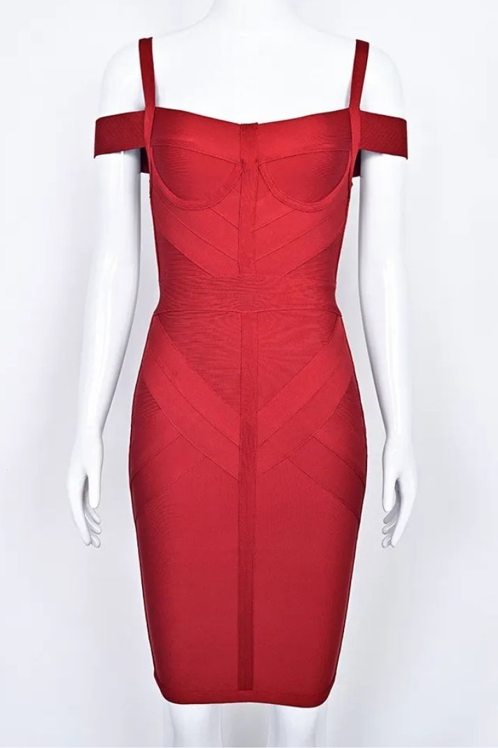 Woman wearing a figure flattering Sophia Bandage Dress - Lipstick Red Bodycon Collection
