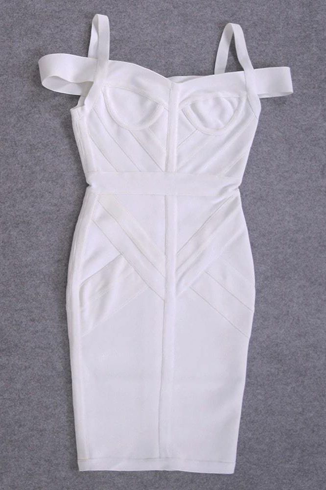 Woman wearing a figure flattering Sophia Bandage Dress - Pearl White Bodycon Collection