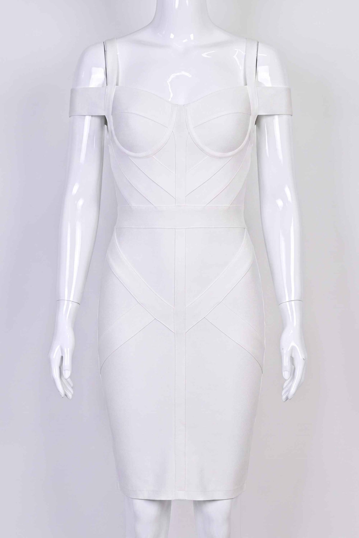 Woman wearing a figure flattering Sophia Bandage Dress - Pearl White Bodycon Collection