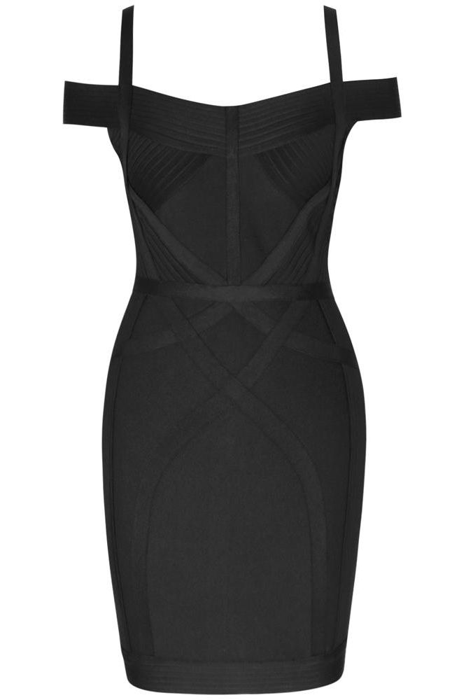 Woman wearing a figure flattering  Sophia Bandage Mini Dress - Classic Black Bodycon Collection