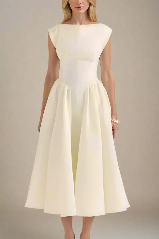 Woman wearing a figure flattering Stella Bodycon Midi Dress - Ivory White BODYCON COLLECTION
