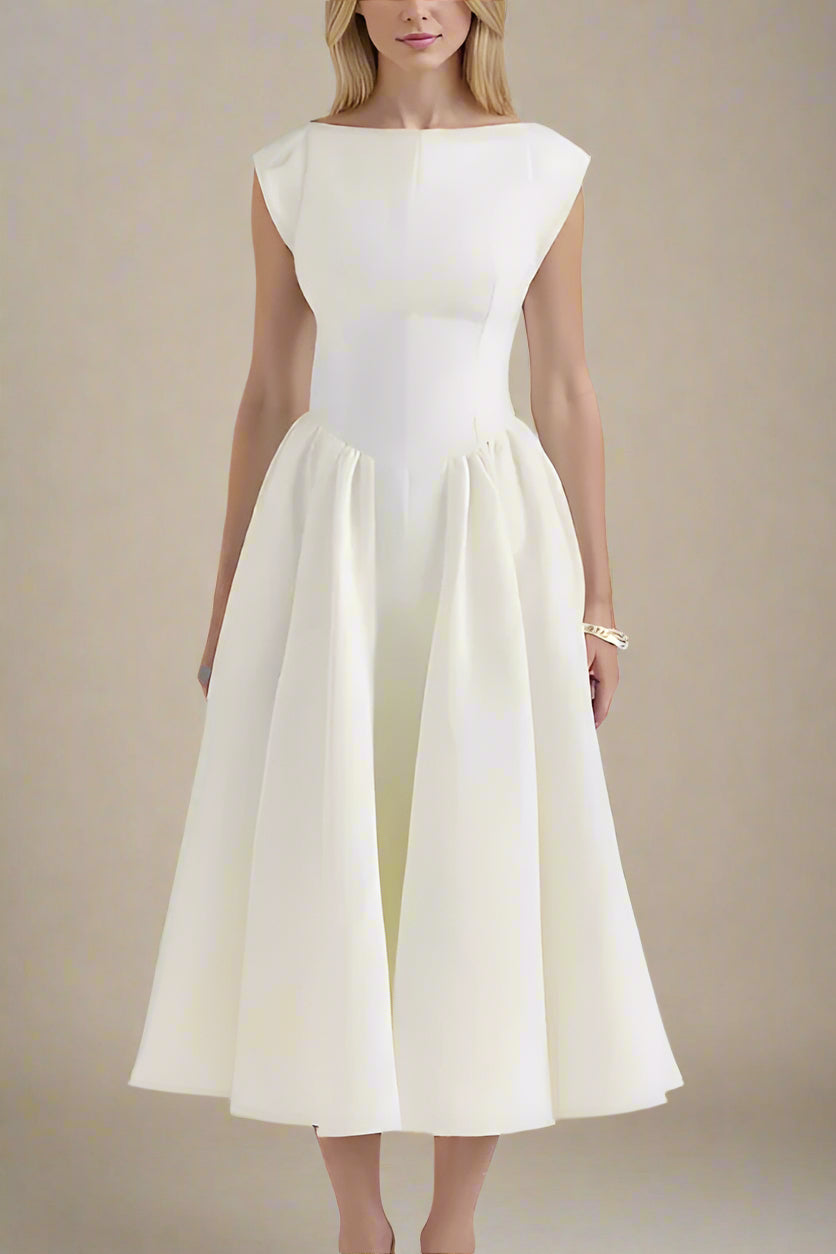 Woman wearing a figure flattering Stella Bodycon Midi Dress - White Pearl BODYCON COLLECTION