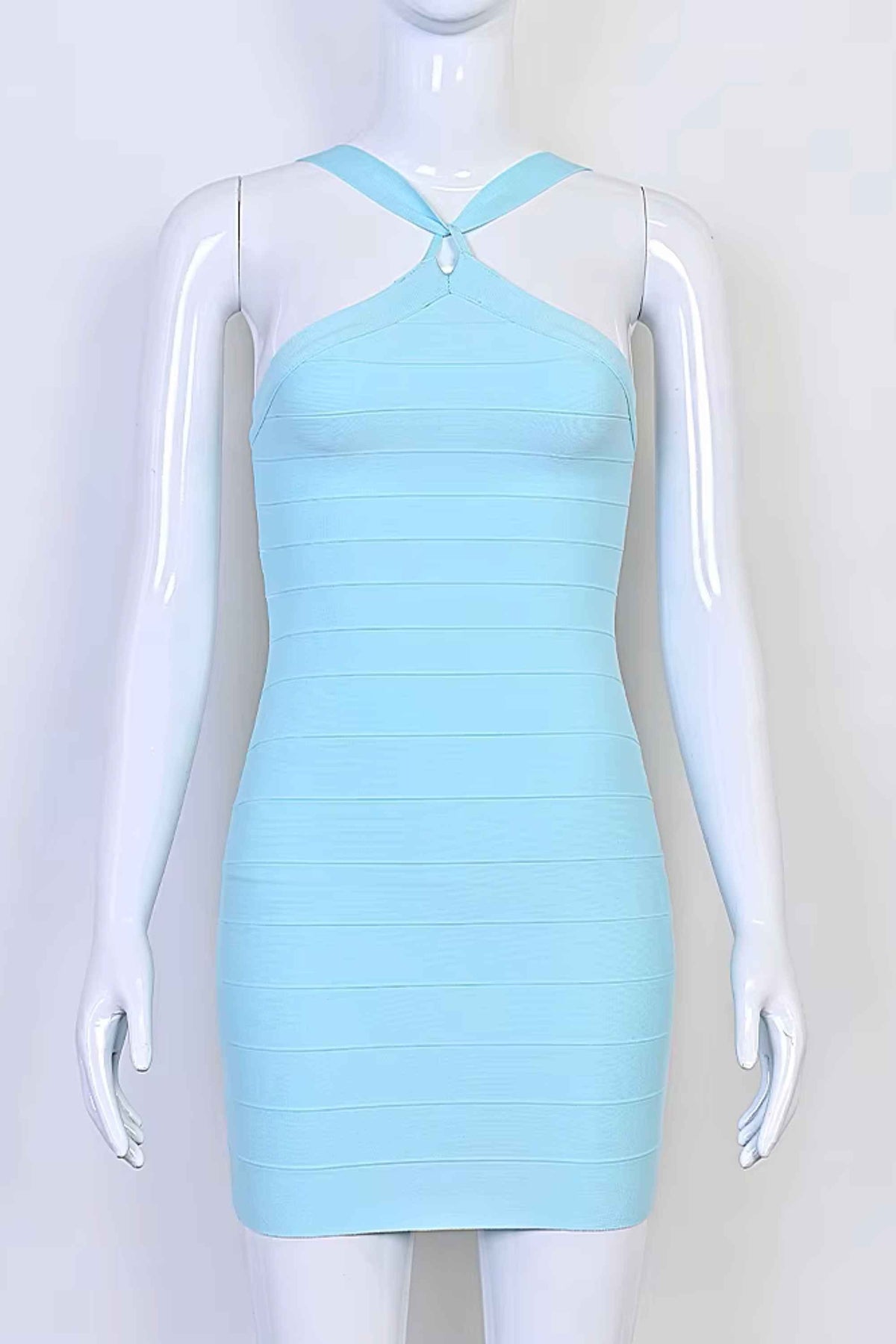 Woman wearing a figure flattering Sydney Bandage Mini Dress - Sky Blue BODYCON COLLECTION Pty Ltd