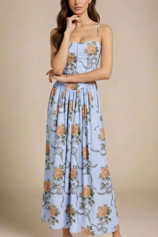 Woman wearing a figure flattering Tasmin Midi Dress - Sky Blue BODYCON COLLECTION