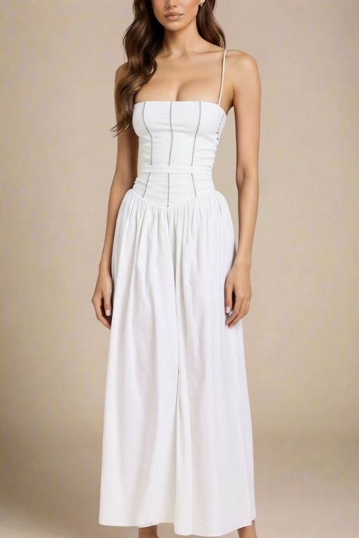 Woman wearing a figure flattering Tasmin Midi Dress - White Pearl BODYCON COLLECTION