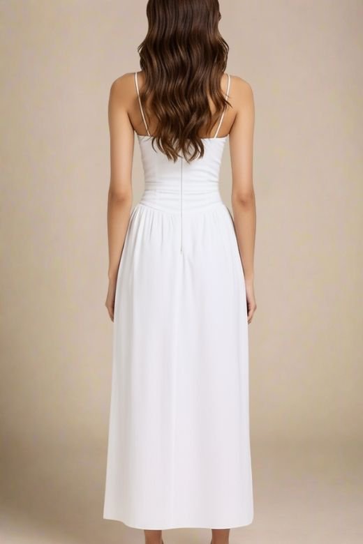 Woman wearing a figure flattering  Tasmin Midi Dress - White Pearl BODYCON COLLECTION