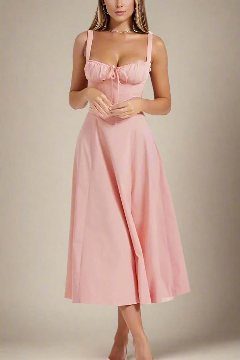 Woman wearing a figure flattering Taylor Bodycon Day Midi Dress - Dusty Pink BODYCON COLLECTION