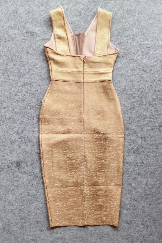 Woman wearing a figure flattering Tyler Bodycon Dress - Gold BODYCON COLLECTION Pty Ltd