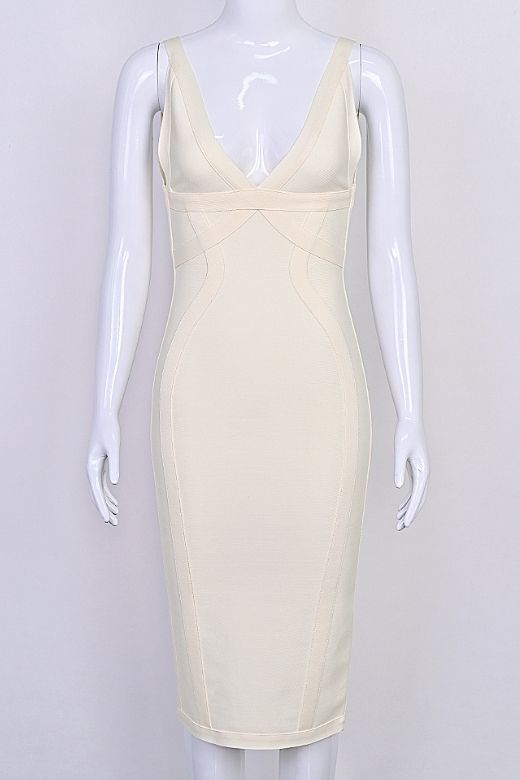 Woman wearing a figure flattering Tyra Bandage Midi Dress - Cream BODYCON COLLECTION Pty Ltd
