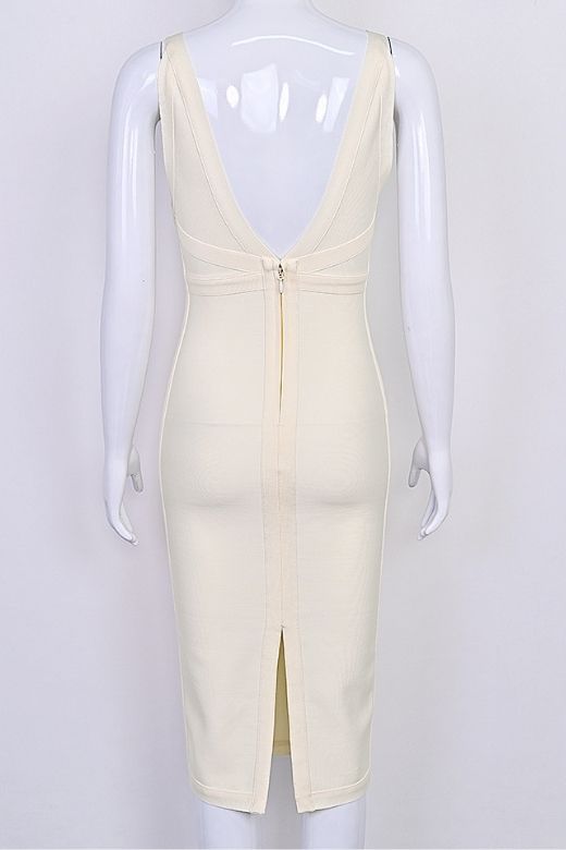 Woman wearing a figure flattering Tyra Bandage Midi Dress - Cream BODYCON COLLECTION Pty Ltd