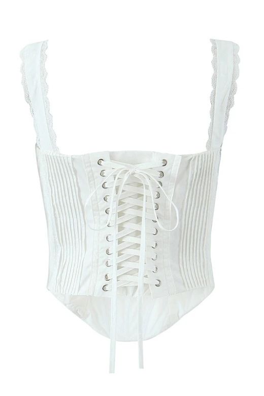 Woman wearing a figure flattering Valerie Corset Crop Top - Pearl White BODYCON COLLECTION