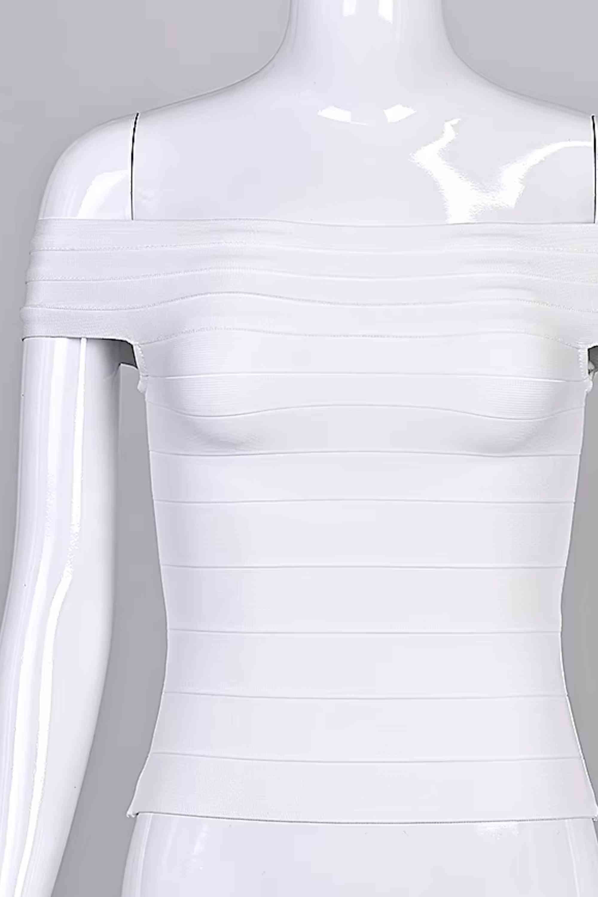 Woman wearing a figure flattering Vera Bandage Off Shoulder Top - White Pearl BODYCON COLLECTION Pty Ltd