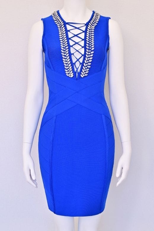 Woman wearing a figure flattering Vivian Bandage Dress - Royal Blue BODYCON COLLECTION Pty Ltd
