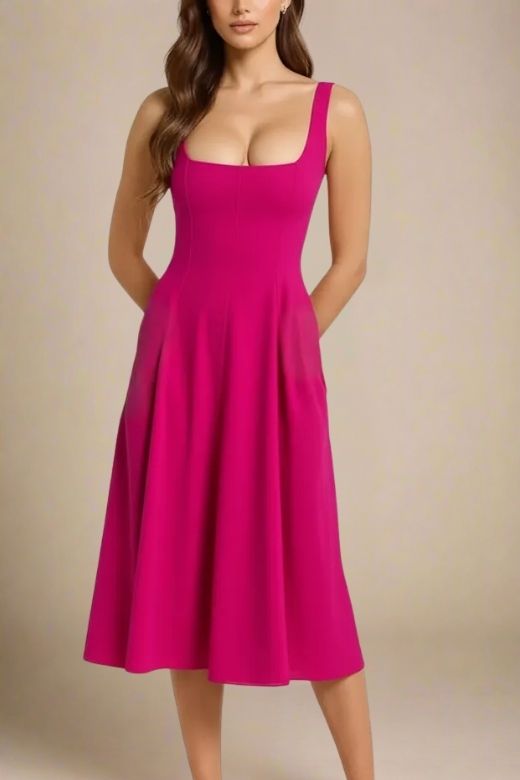 Woman wearing a figure flattering Willa Midi Dress - Magenta Pink BODYCON COLLECTION Pty Ltd