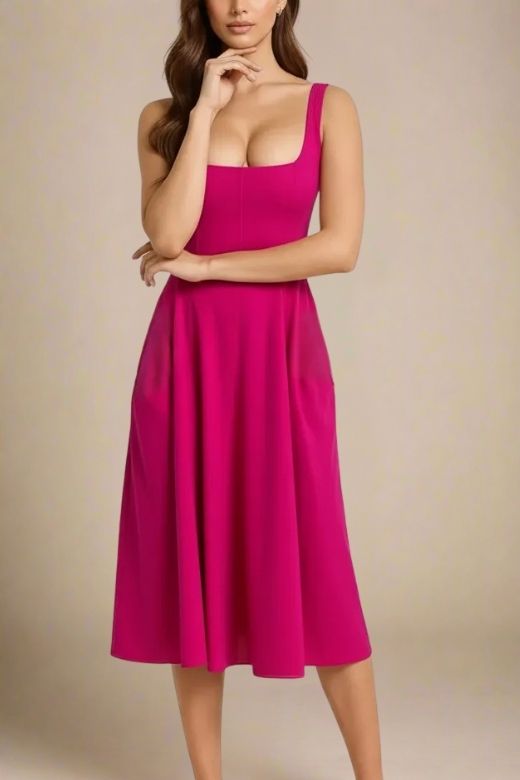 Woman wearing a figure flattering Willa Midi Dress - Magenta Pink BODYCON COLLECTION Pty Ltd