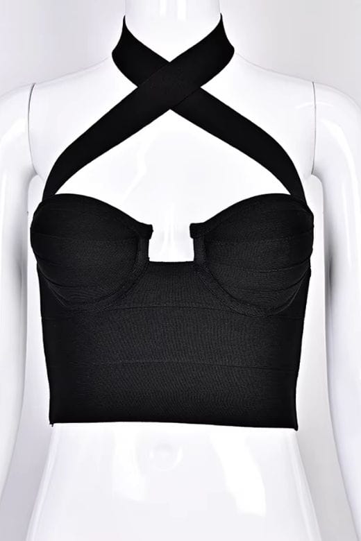 Woman wearing a figure flattering Willow Bandage Crop Top - Classic Black BODYCON COLLECTION Pty Ltd