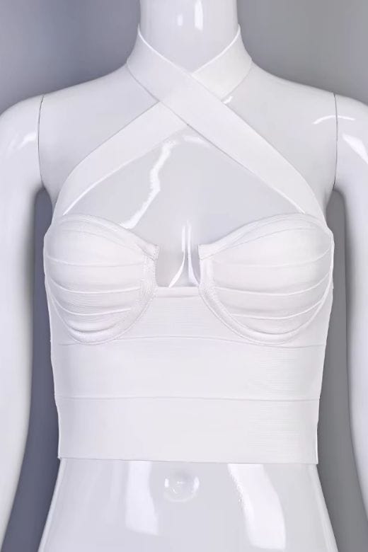 Woman wearing a figure flattering Willow Bandage Crop Top - White Pearl BODYCON COLLECTION Pty Ltd