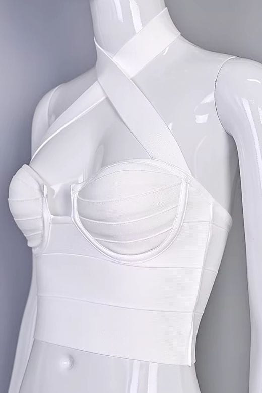 Woman wearing a figure flattering Willow Bandage Crop Top - White Pearl BODYCON COLLECTION Pty Ltd