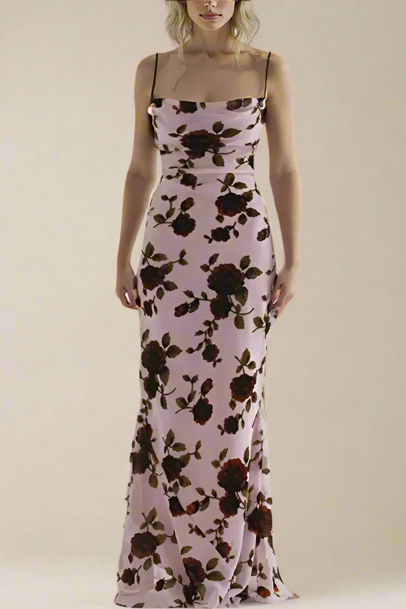 Woman wearing a figure flattering Willow Bodycon Maxi Dress - Thistle Purple BODYCON COLLECTION