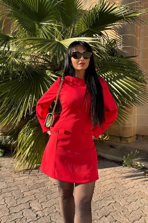 Woman wearing a figure flattering Zena Long Sleeve Bodycon Mini Dress - Lipstick Red BODYCON COLLECTION