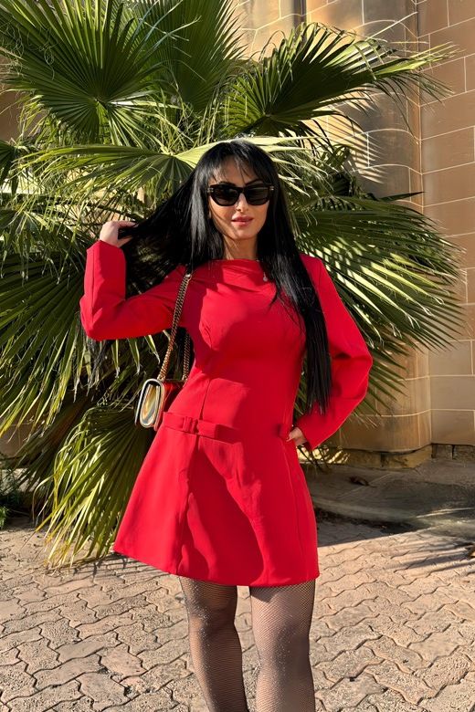 Woman wearing a figure flattering Zena Long Sleeve Bodycon Mini Dress - Lipstick Red BODYCON COLLECTION