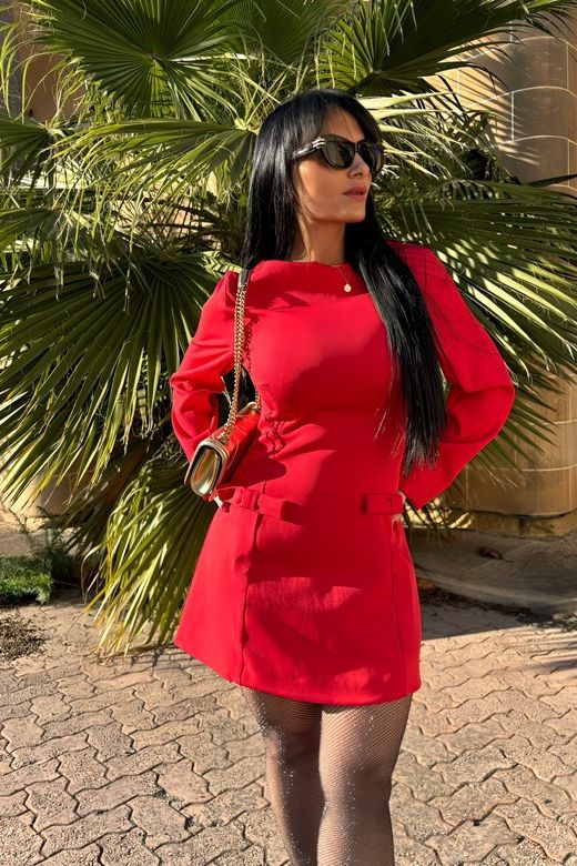 Woman wearing a figure flattering  Zena Long Sleeve Bodycon Mini Dress - Lipstick Red BODYCON COLLECTION