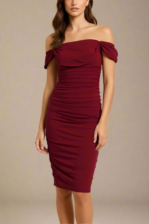 Woman wearing a figure flattering Zia Bodycon Wrap Dress - Red Wine Bodycon Collection