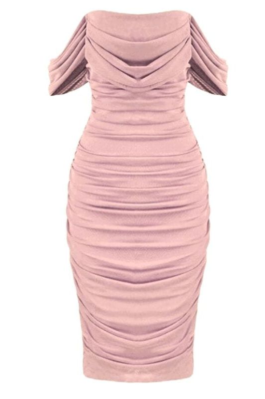 Woman wearing a figure flattering Zia Bodycon Wrap Midi Dress - Dusty Pink Bodycon Collection