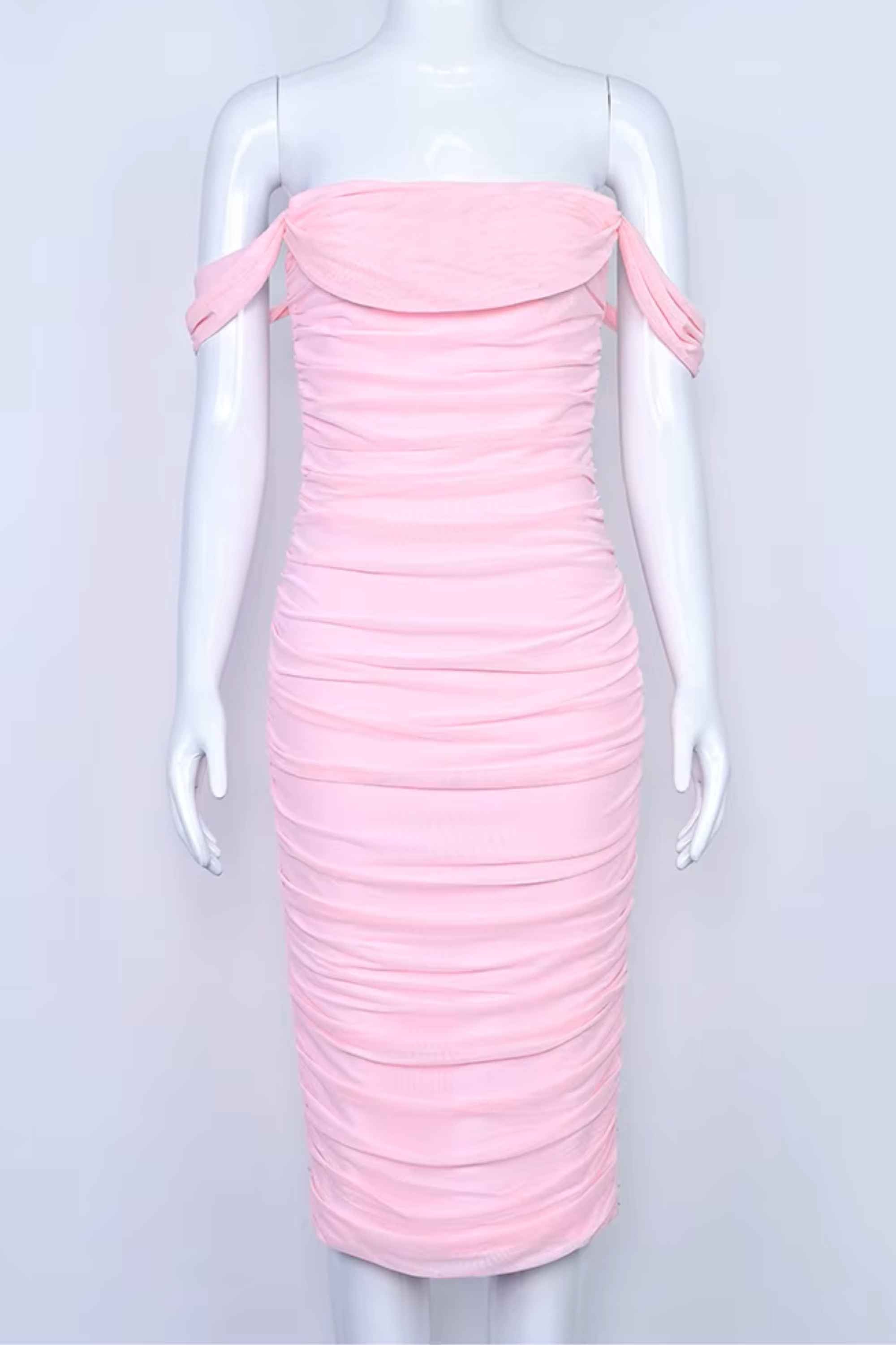 Woman wearing a figure flattering Zia Bodycon Wrap Midi Dress - Dusty Pink Bodycon Collection