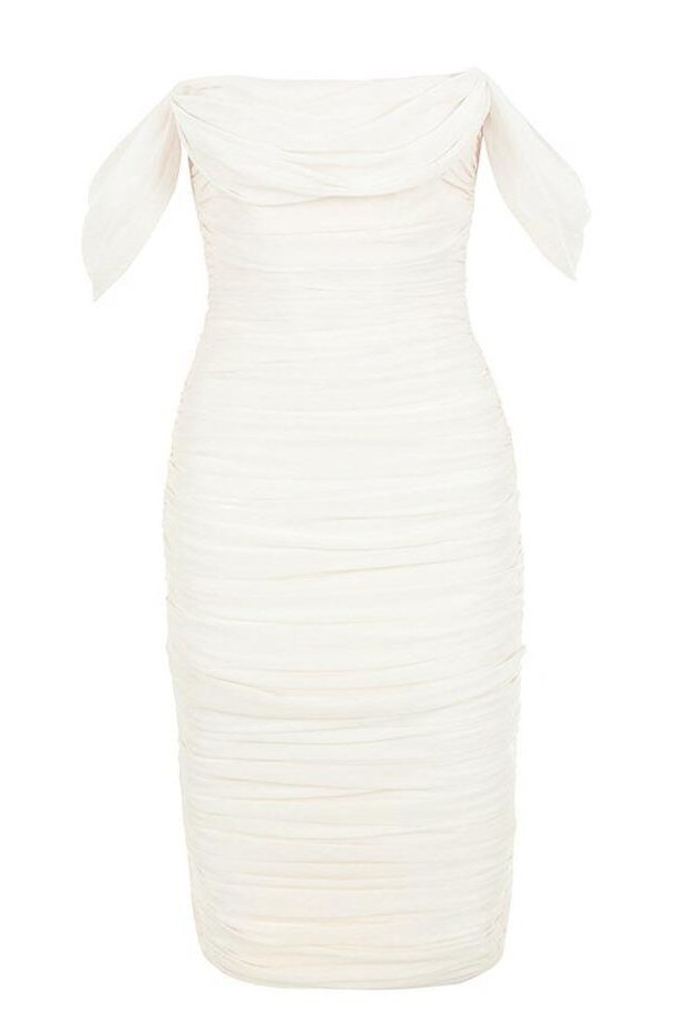 Woman wearing a figure flattering  Zia Bodycon Wrap Midi Dress - Pearl White Bodycon Collection