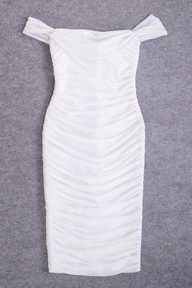 Woman wearing a figure flattering Zia Bodycon Wrap Midi Dress - Pearl White Bodycon Collection