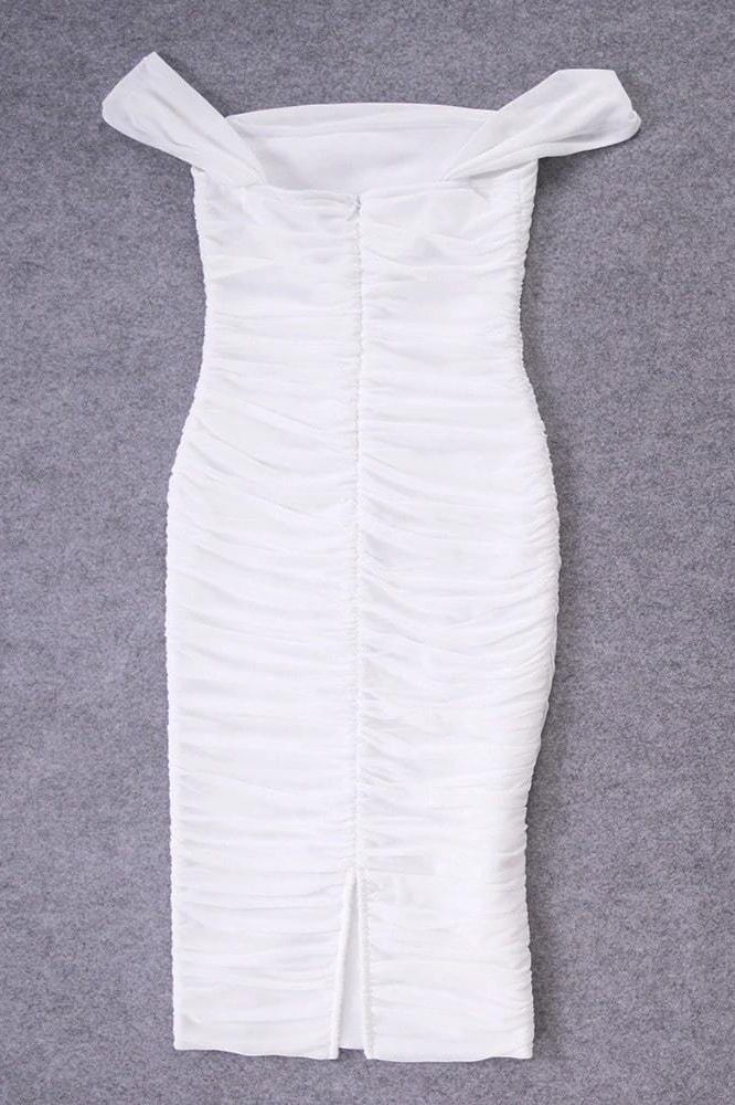 Woman wearing a figure flattering Zia Bodycon Wrap Midi Dress - Pearl White Bodycon Collection