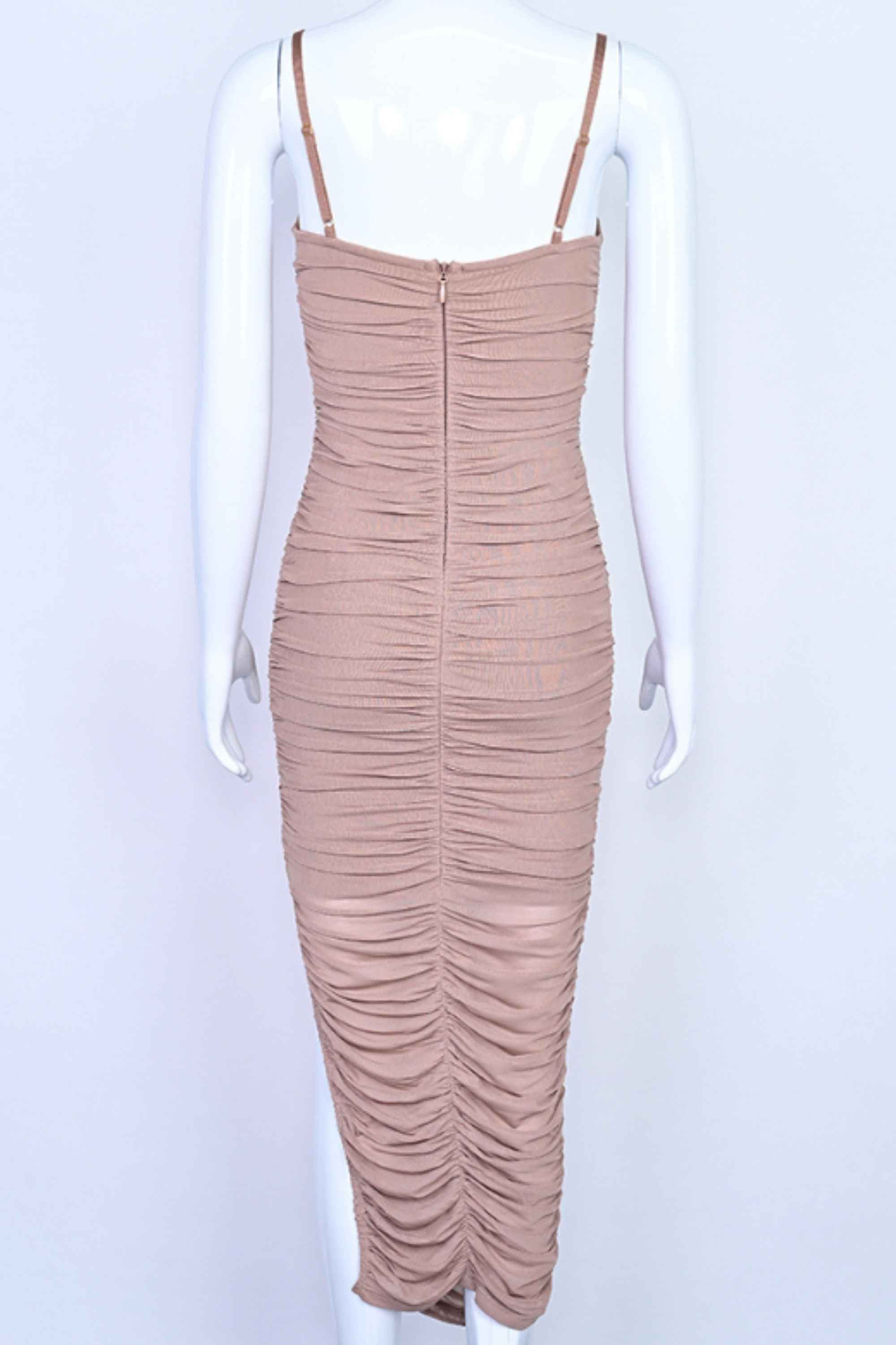 Woman wearing a figure flattering Zoe Bodycon Wrap Maxi Dress - Tan Brown Bodycon Collection