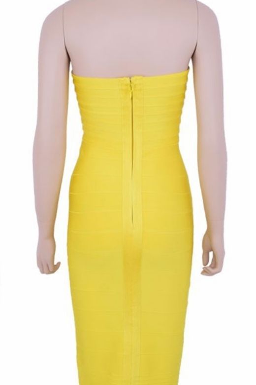 Woman wearing a figure flattering  Aaliyah Bandage Midi Dress - Sun Yellow BODYCON COLLECTION Pty Ltd