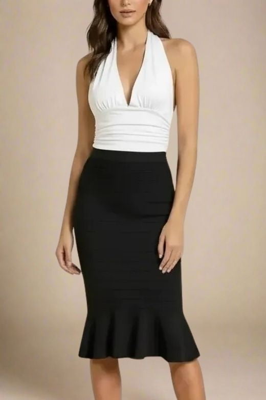 Woman wearing a figure flattering  Aby Halter Neck Top - White Pearl BODYCON COLLECTION Pty Ltd